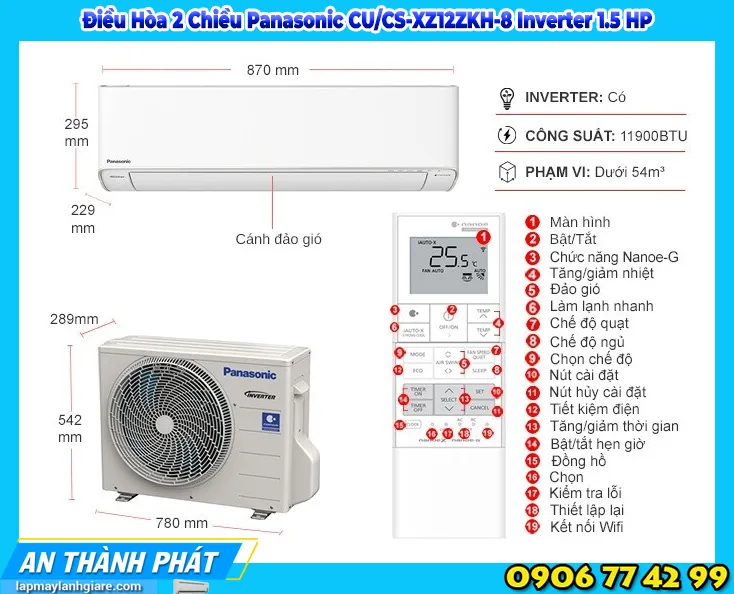 Điều Hòa 2 Chiều Panasonic CU/CS-XZ12ZKH-8 Inverter 1.5 HP