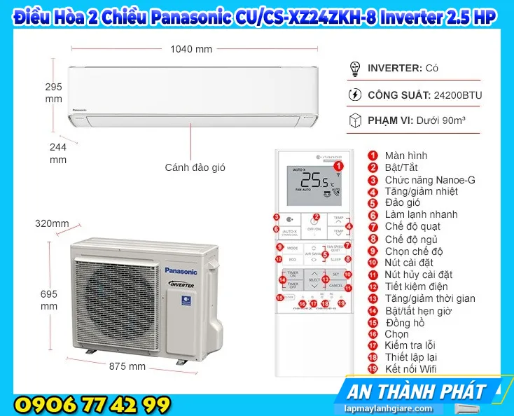 Điều Hòa 2 Chiều Panasonic CU/CS-XZ24ZKH-8 Inverter 2.5 HP