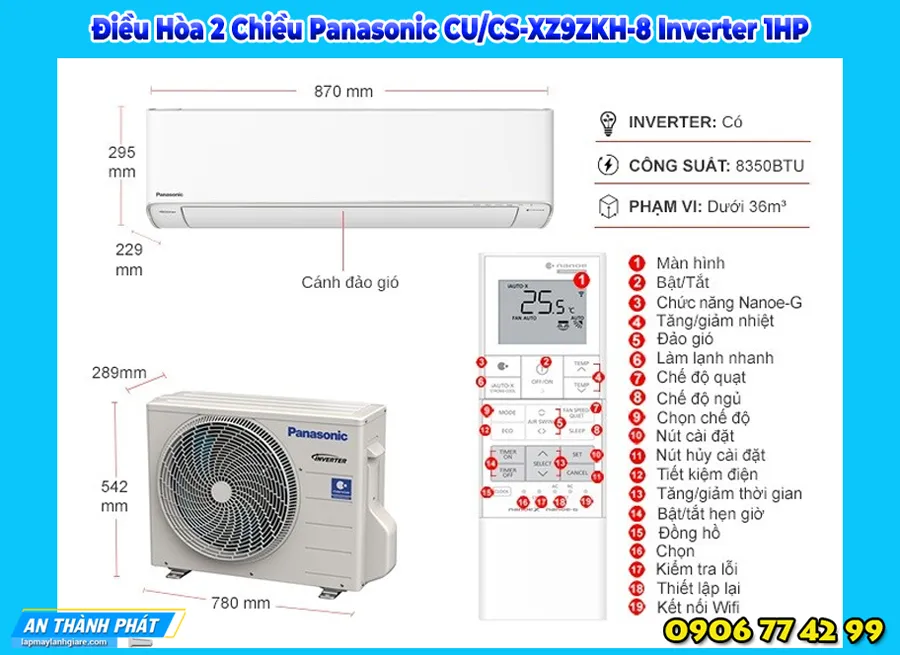 Điều Hòa 2 Chiều Panasonic CU/CS-XZ9ZKH-8 Inverter 1HP