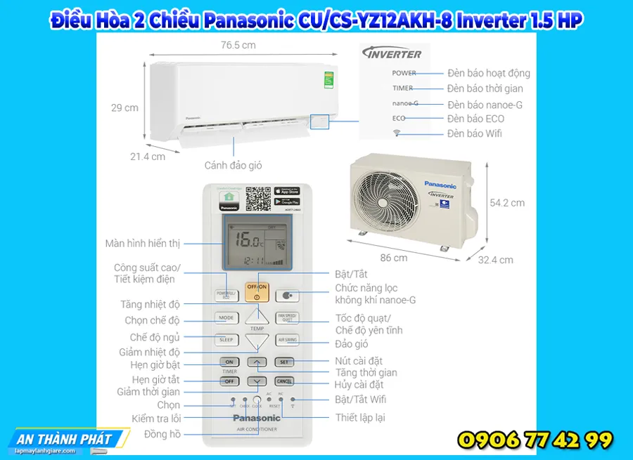 Điều Hòa 2 Chiều Panasonic CU/CS-YZ12AKH-8 Inverter 1.5 HP