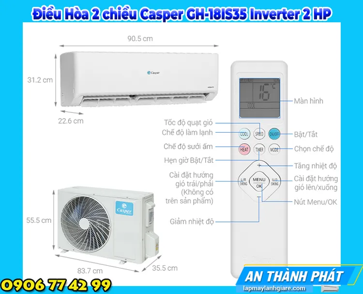Điều Hòa 2 chiều Casper GH-18IS35 Inverter 2 HP thông tin thiết kế sản phẩm