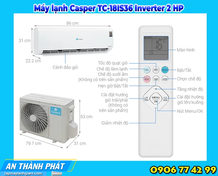 Máy lạnh Casper TC-18IS36 Inverter 2 HP thông tin thiết kế sản phẩm 