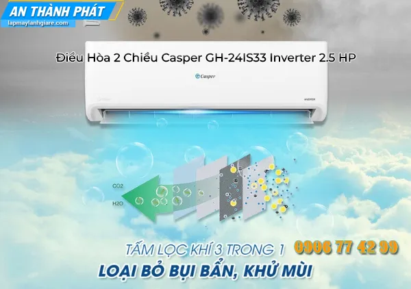 Điều Hòa 2 Chiều Casper GH-24IS33 Inverter 2.5 HP công nghệ lọc khuẩn thế hệ mới