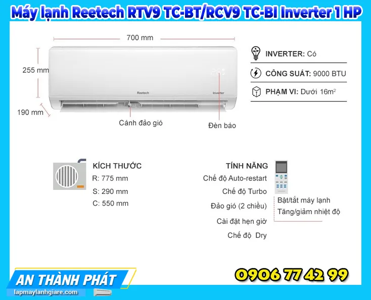 Máy lạnh Reetech RTV9 TC-BT/RCV9 TC-BI Inverter 1 HP