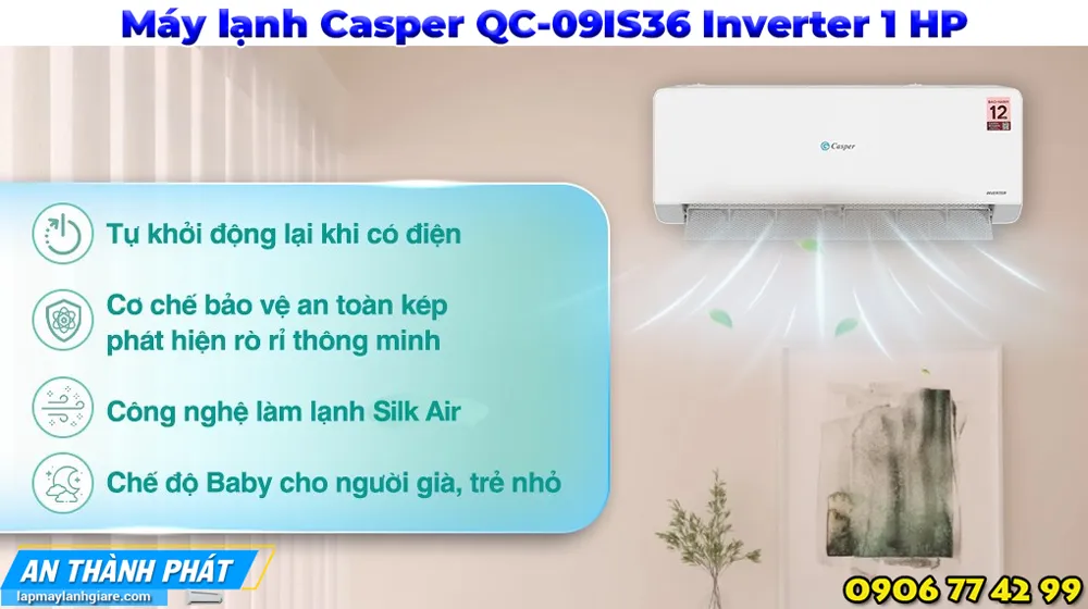 Máy lạnh Casper QC-09IS36 Inverter 1 HP chức năng tự khởi động lại khi có điện