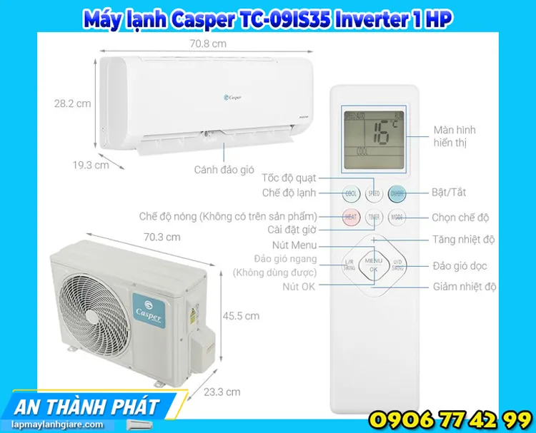 Máy lạnh Casper TC-09IS35 Inverter 1 HP thông tin thiết kế bên ngoài và thông số chiều dài sản phẩm