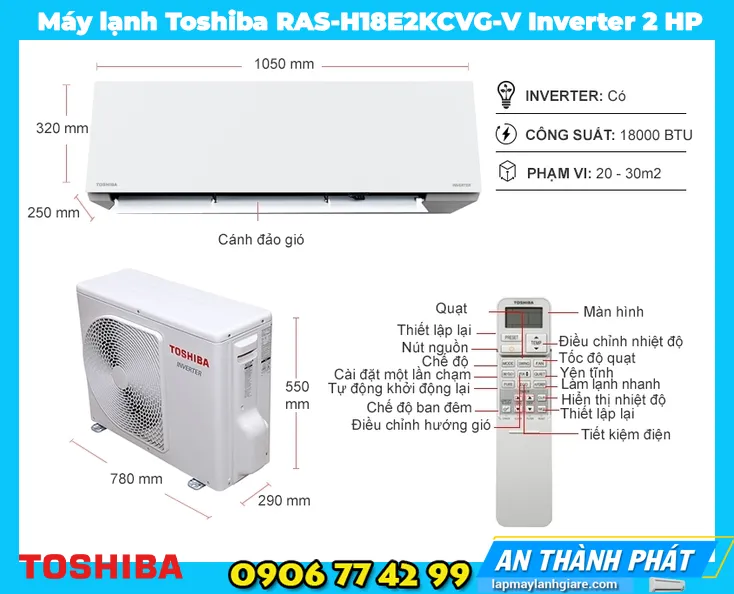 Máy lạnh Toshiba RAS-H18E2KCVG-V Inverter 2 HP